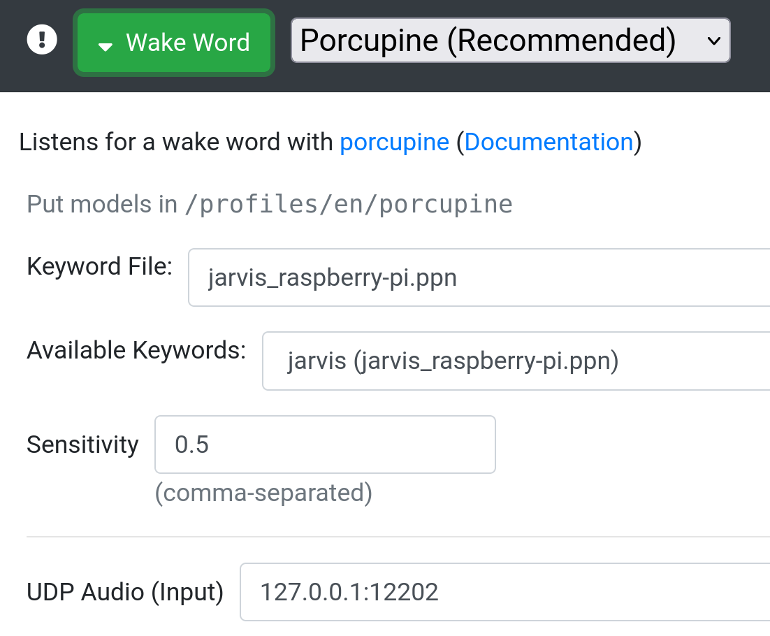 Rhasspy Wake Word Settings